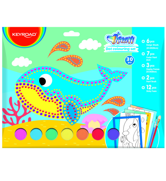 Set de Pintura con Témperas, Dots Ocean, 30 Pzas, (7x Témperas, 6x Hojas con Diseño, 2x Pinceles, 3x Marcos, 12x Goma Eva Adhesiva), Set